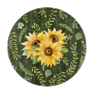 Sunflowers Herbs Leaves Watercolor Pattern Cutting Board