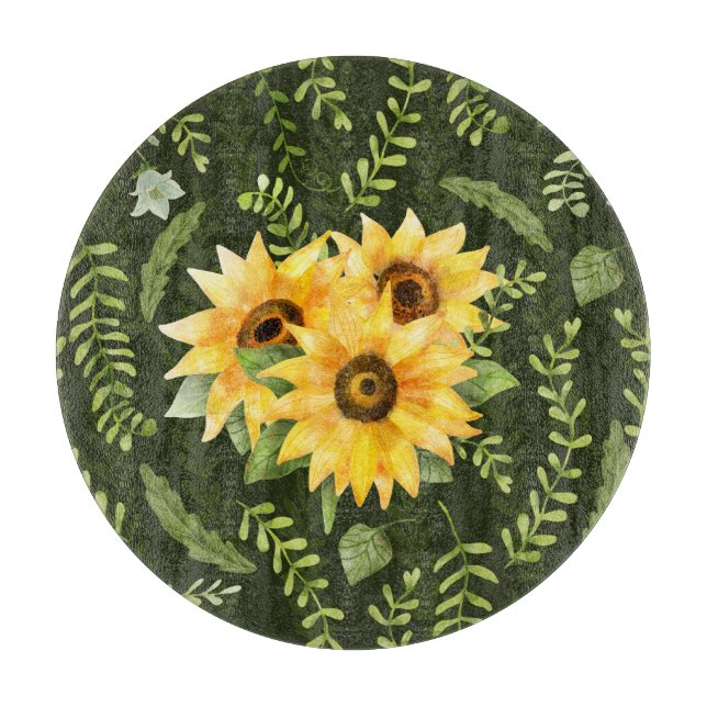 Sunflowers Herbs Leaves Watercolor Pattern Cutting Board (Front)