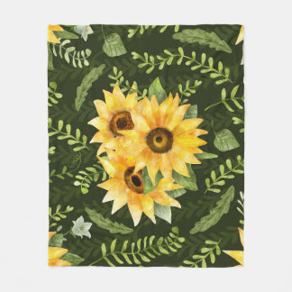 Sunflowers Herbs Leaves Watercolor Pattern Fleece Blanket