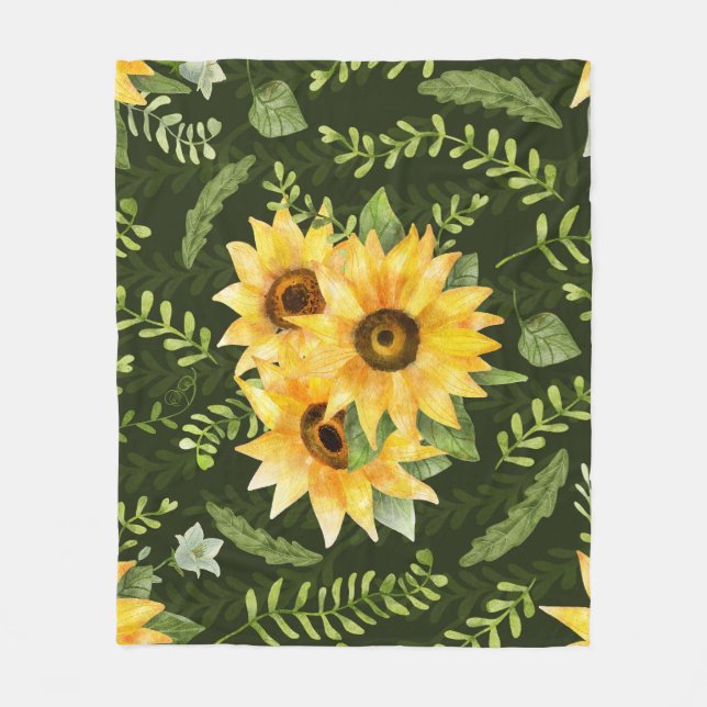 Sunflowers Herbs Leaves Watercolor Pattern Fleece Blanket (Front)