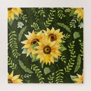 Sunflowers Herbs Leaves Watercolor Pattern Jigsaw Puzzle