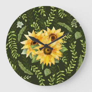 Sunflowers Herbs Leaves Watercolor Pattern Large Clock