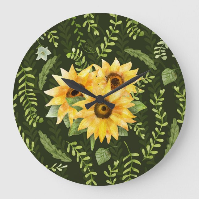 Sunflowers Herbs Leaves Watercolor Pattern Large Clock (Front)