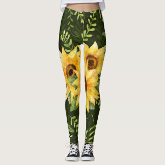 Sunflowers Herbs Leaves Watercolor Pattern Leggings