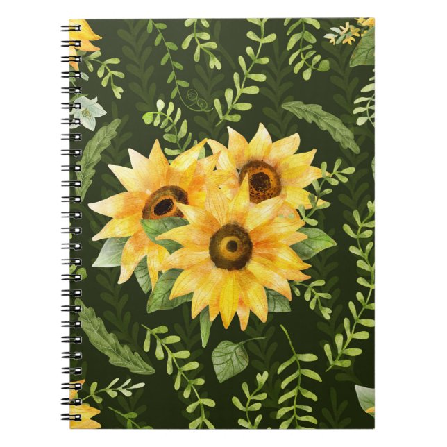 Sunflowers Herbs Leaves Watercolor Pattern Notebook (Front)