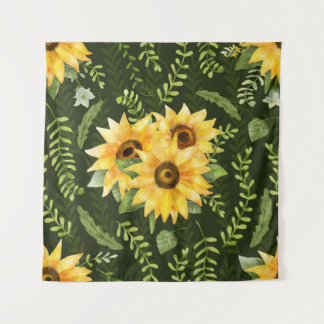 Sunflowers Herbs Leaves Watercolor Pattern Tapestry