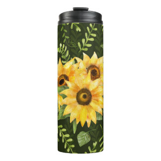 Sunflowers Herbs Leaves Watercolor Pattern Thermal Tumbler