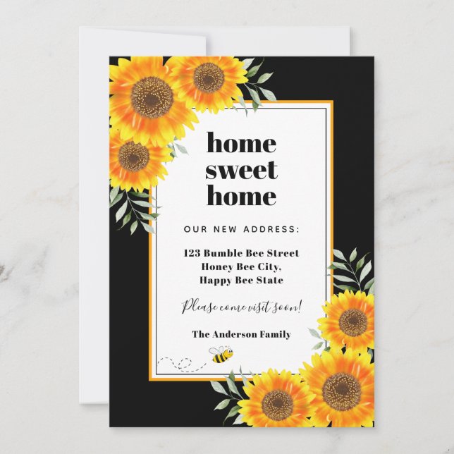 Sunflowers home sweet home black modern moving announcement (Front)
