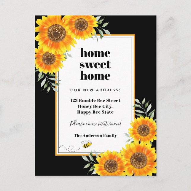 Sunflowers home sweet home black modern moving announcement postcard (Front)