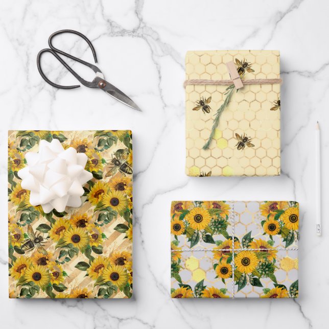 Sunflowers & Honey Bees Wrapping Paper Sheets (Front)