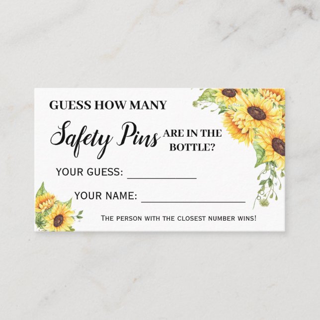 Sunflowers How Many Safety Pins Baby Game Card (Front)