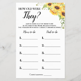 Sunflowers How Old Were They Baby Shower Game Card
