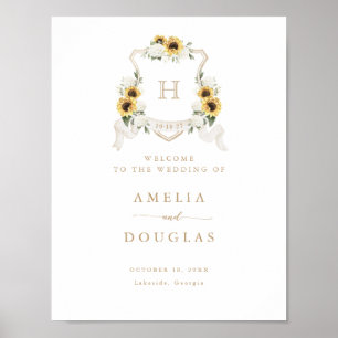 Sunflowers Hydrangea Crest Monogram Welcome Sign