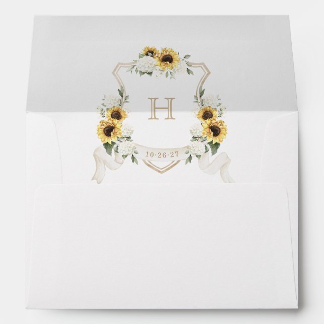 Sunflowers Hydrangea Wedding Crest Gold Envelope (Back (Bottom))