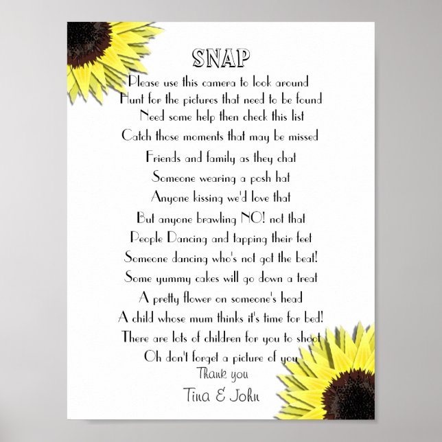 Sunflowers I Spy Snap Wedding Photo Game Poster (Front)