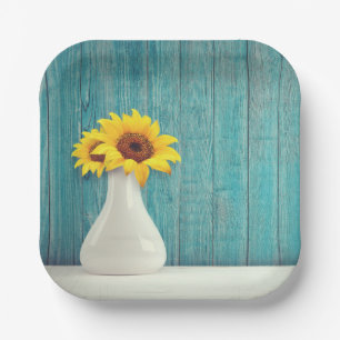 Sunflowers in a vase paper plate