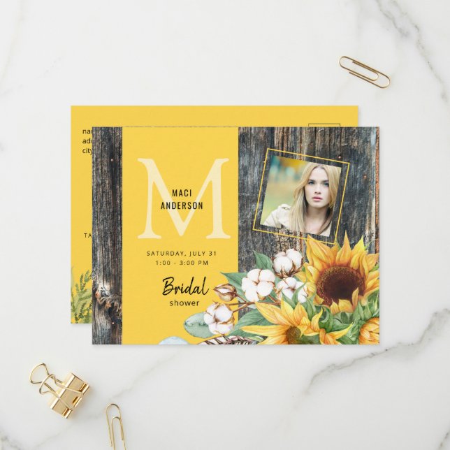 Sunflowers in Bloom Rustic Photo Bridal Shower Invitation Postcard (Front/Back In Situ)