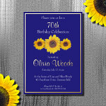 Sunflowers in  blue -  70th birthday<br><div class="desc">Sunflowers against a deep blue background . Invitation to a 70th birthday celebration. This trendy deep blue, as well as the real foil name and frame, creates a pleasing contrast with the yellow sunflowers... A bright and cheery invitation for the summer season. Make it unique by including the specifics of...</div>