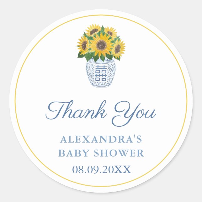 Sunflowers In Blue And White Vase Shower Thank You Classic Round Sticker (Front)