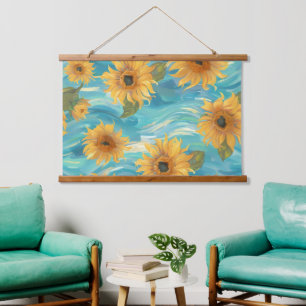 Sunflowers In Blue Hanging Tapestry