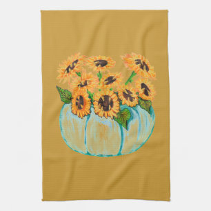 sunflowers in blue pumpkin vase kitchen towel