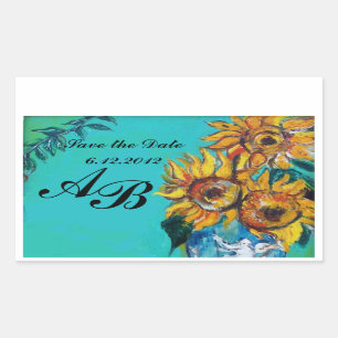 SUNFLOWERS IN BLUE TEAL Save the Date Monogram Rectangular Sticker