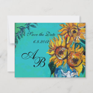 SUNFLOWERS IN BLUE TURQUOISE SUMMER PARTY MONOGRAM INVITATION