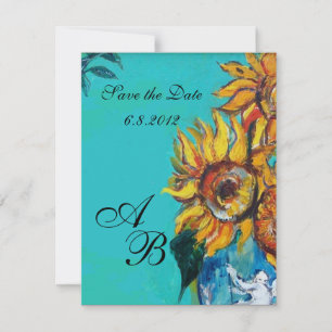 SUNFLOWERS IN BLUE TURQUOISE SUMMER PARTY MONOGRAM INVITATION