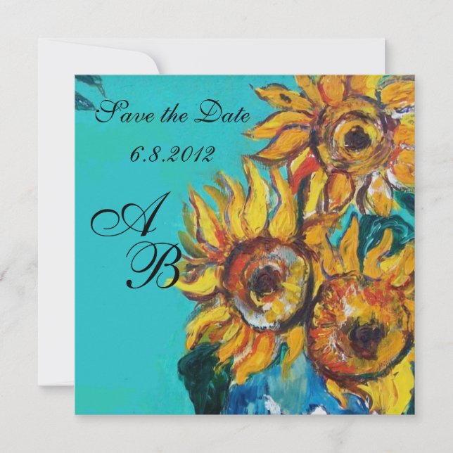 SUNFLOWERS IN BLUE TURQUOISE SUMMER PARTY MONOGRAM INVITATION (Front)