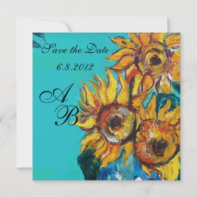 SUNFLOWERS IN BLUE TURQUOISE SUMMER PARTY MONOGRAM INVITATION (Front)