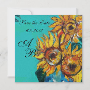SUNFLOWERS IN BLUE TURQUOISE SUMMER PARTY MONOGRAM INVITATION