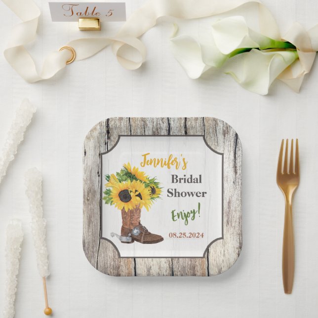 Sunflowers in Cowboy Boot Bridal Shower Paper Plate (Wedding)