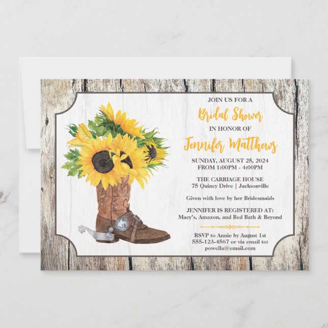 Sunflowers in Cowboy Boot Woodgrain Bridal Shower Invitation (Front)