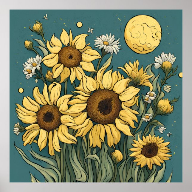 Sunflowers in Full Moon Van Gogh Style Floral Poster (Front)