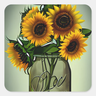 Sunflowers in Glass Jar Digital Art Square Sticker