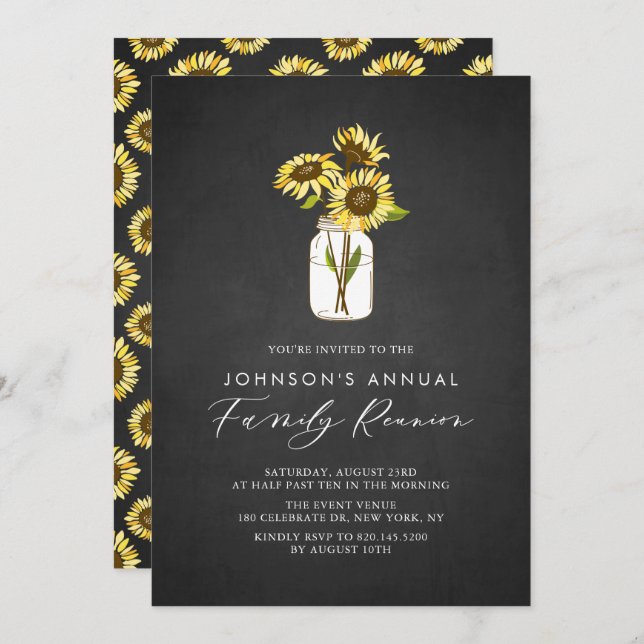 Sunflowers in Mason Jar Chalkboard Family Reunion Invitation (Front/Back)