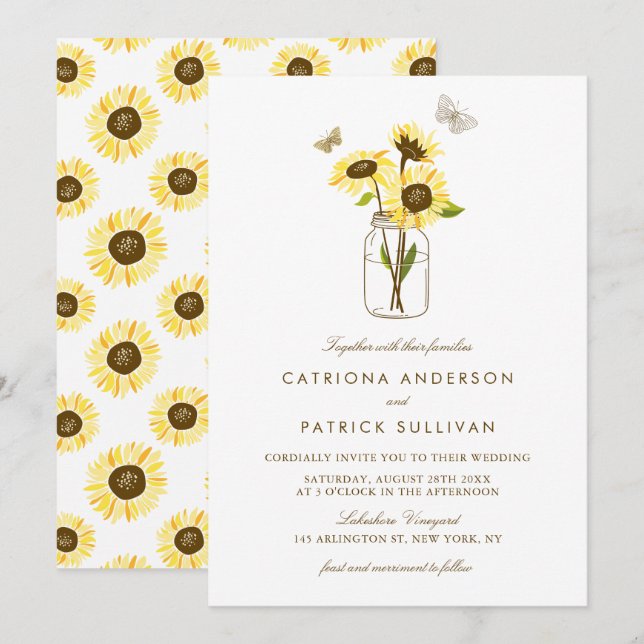 Sunflowers in Mason Jar Country Rustic Wedding Invitation (Front/Back)