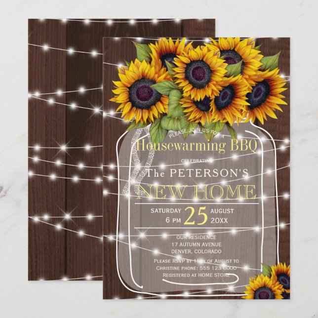 Sunflowers in mason jar housewarming bbq invitation (Front/Back)