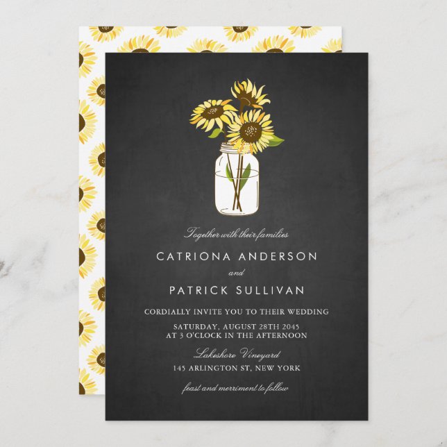 Sunflowers in Mason Jar Rustic Chalkboard Wedding Invitation (Front/Back)