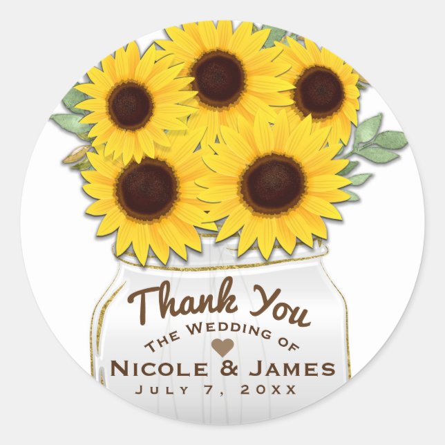 Sunflowers in Mason Jar Rustic Chic Bridal Shower Classic Round Sticker (Front)