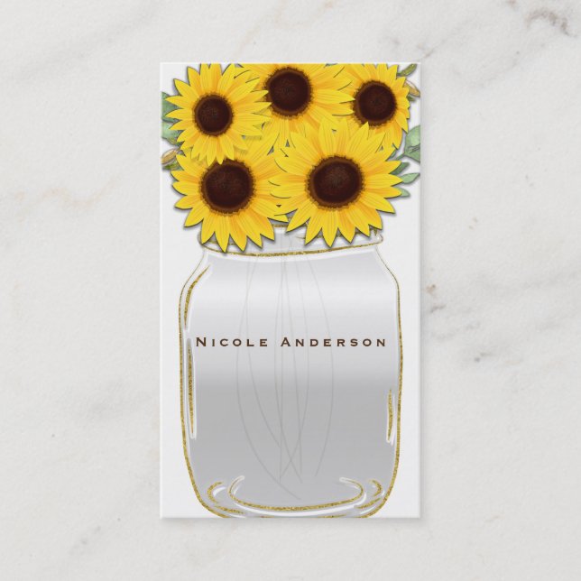 Sunflowers in Mason Jar Rustic Country Chic Bright Business Card (Front)