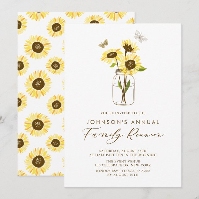 Sunflowers in Mason Jar Summer Family Reunion Invitation (Front/Back)