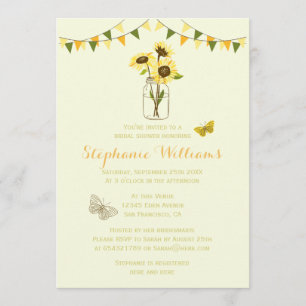 Sunflowers in Mason Jar w/ Butterflies & Bunting Invitation