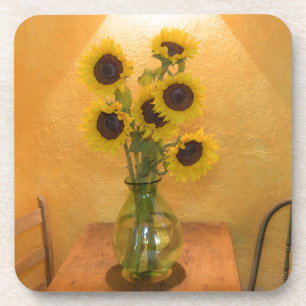 Sunflowers in vase on table 2 coaster