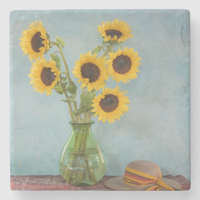 Sunflowers in vase on table stone coaster (Front)