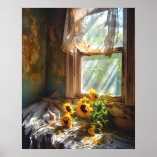 Sunflowers in Vase Window Sill Scene #SFW1016 Poster