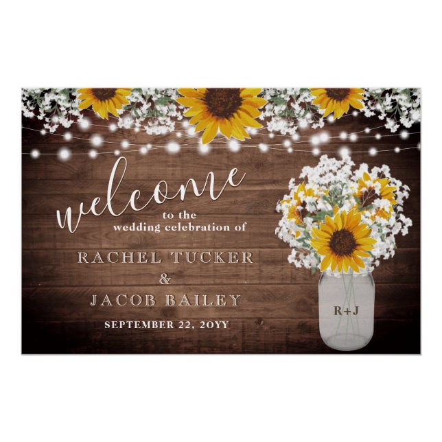 Sunflowers Jar Lights Welcome Wedding Reception Poster (Front)