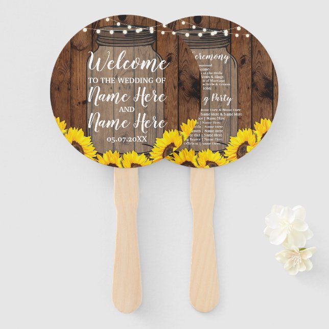 Sunflowers Jar Wood Wedding Programme Floral Fan (Front and Back)