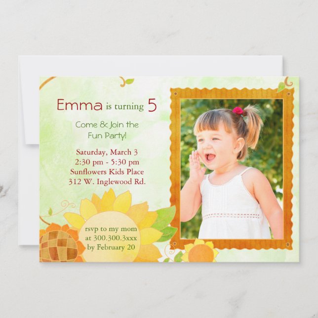 Sunflowers Kids Birthday Party Photo Invitation (Front)