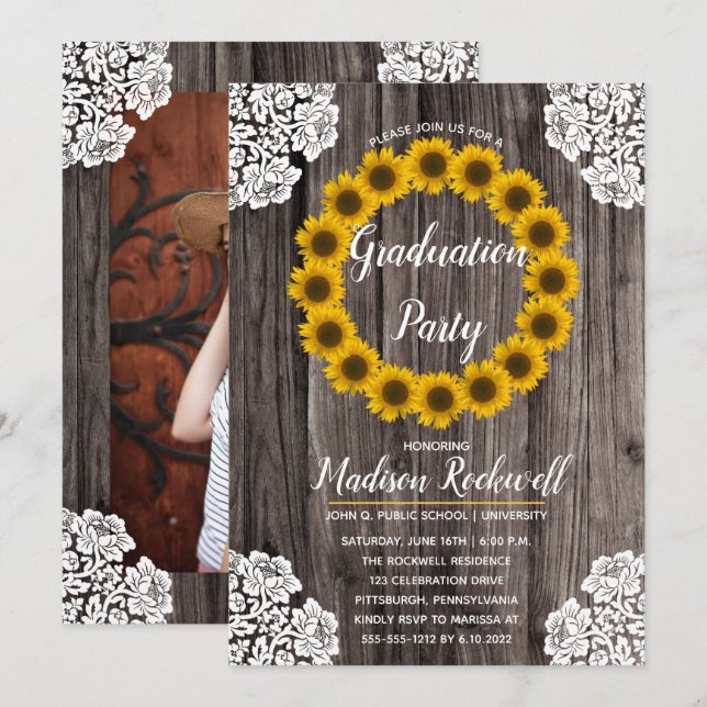Sunflowers | Lace Photo Graduation Party Invitation (Front/Back)